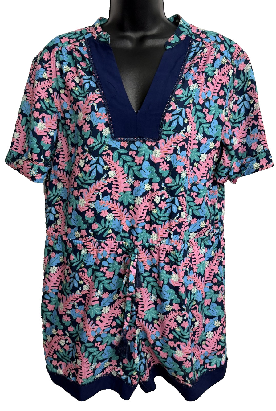 Reyn Spooner Short Sleeve Romper Women's Small Blue Floral Tropical Drawstring